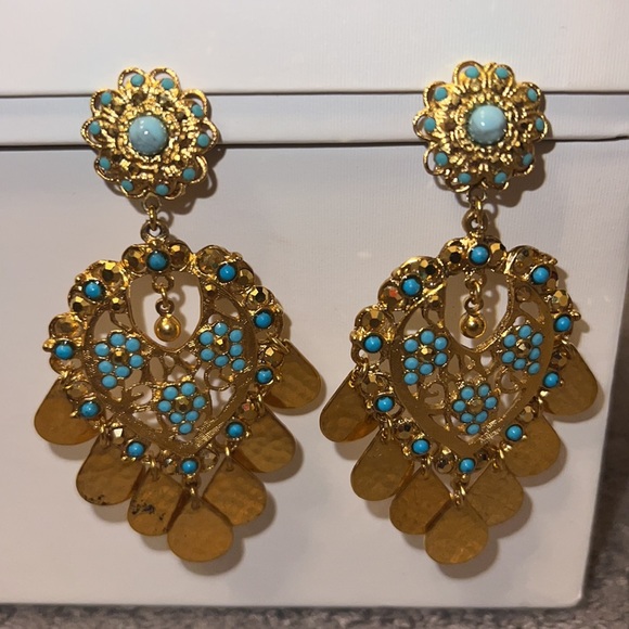 Jose & Maria Barrera Turquoise & Gold clip on earrings - Picture 2 of 2